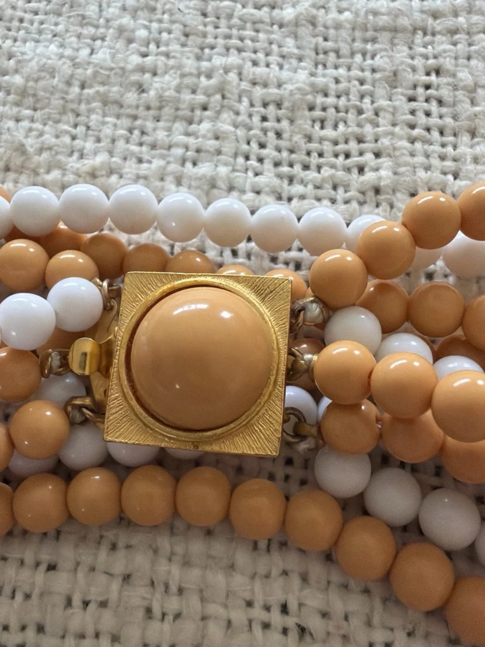 Les Bernard Multi-Strand White and Camel Beaded Necklace with Gold Accent